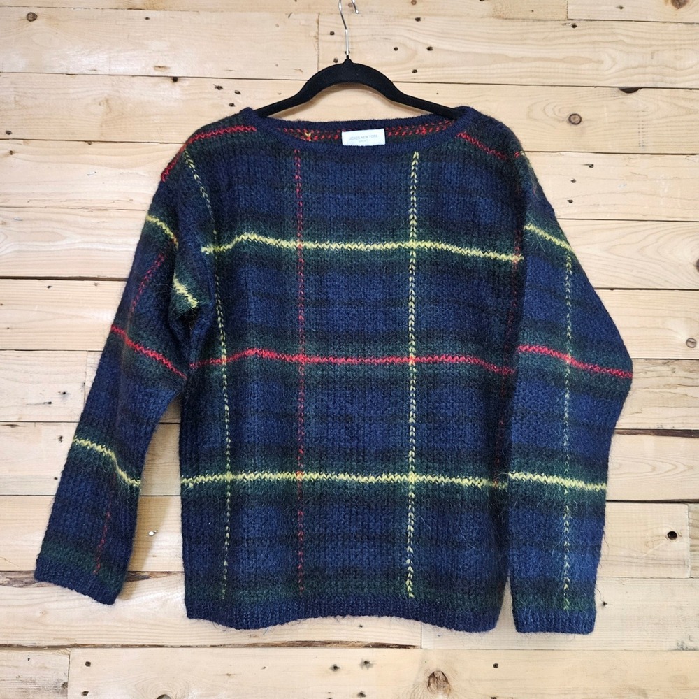 Jones‎ New York Sport Mohair Blend Plaid Sweater Blue Green Small Fuzzy Heritage
